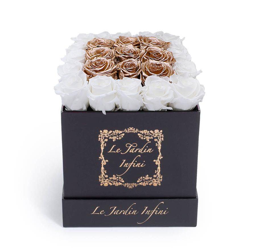 White & Rose Gold Square Center Preserved Roses - Medium Square Black Box - Le Jardin Infini Roses in a Box