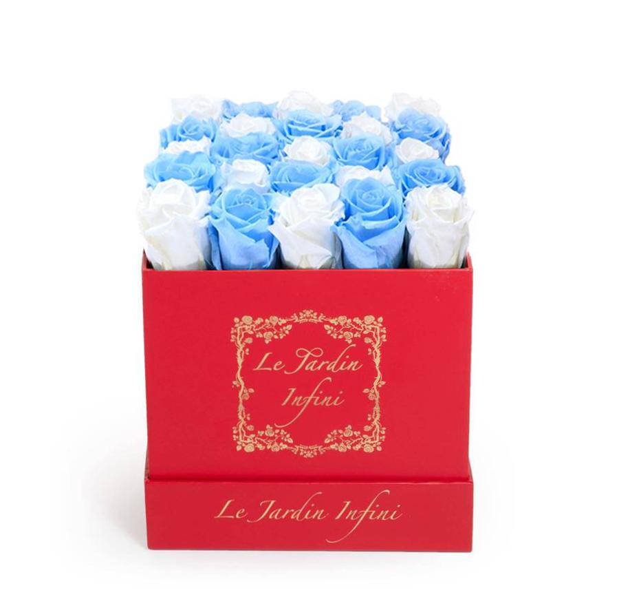 White & Sky Blue Checker Preserved Roses - Medium Square Red Box
