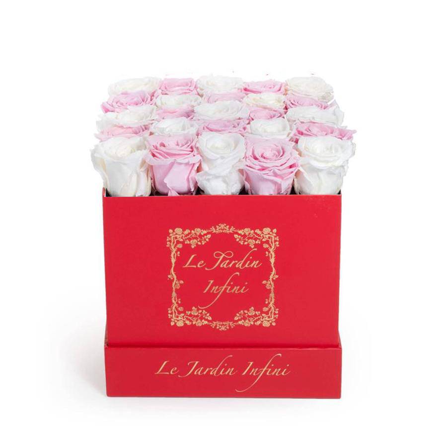 White & Soft Pink Checker Preserved Roses - Medium Square Red Box - Le Jardin Infini Roses in a Box