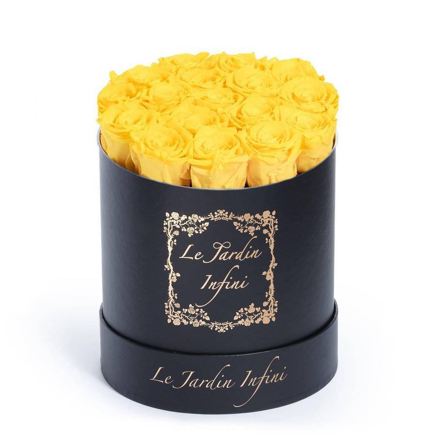 Yellow Preserved Roses - Medium Round Black Box