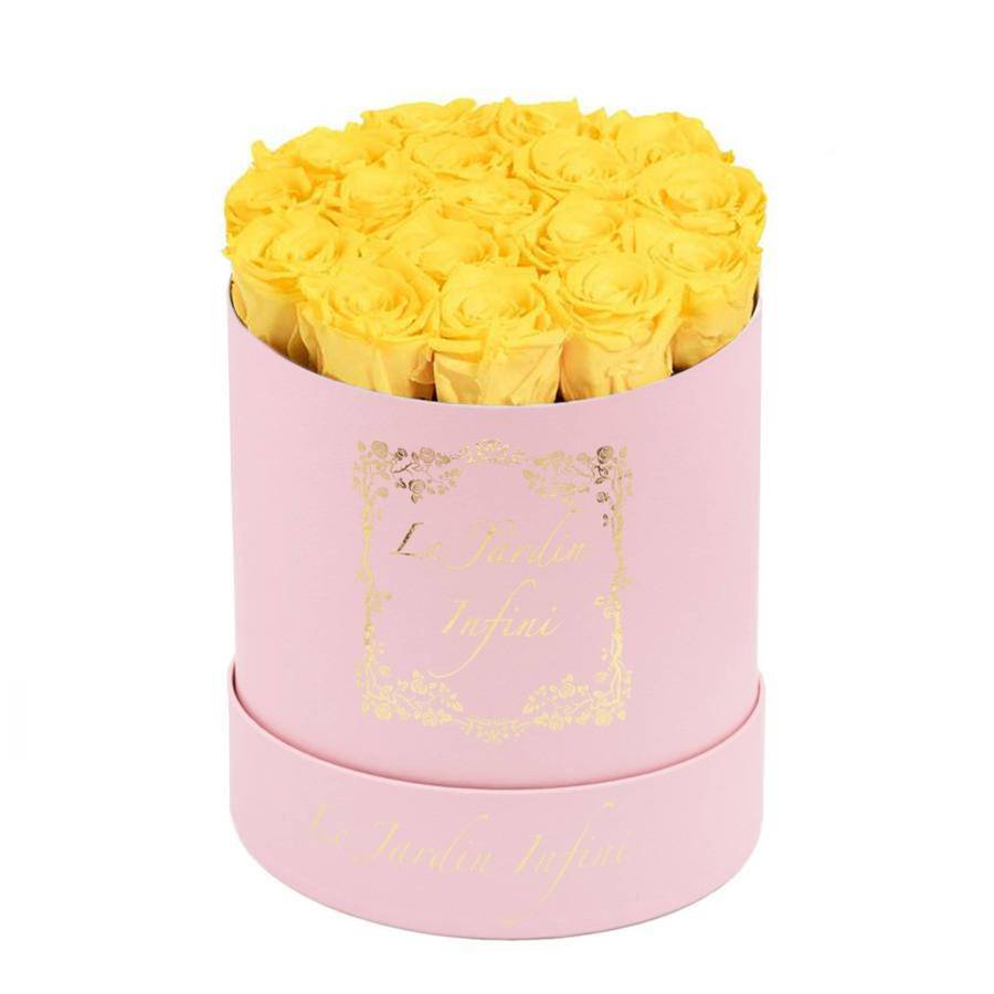Yellow Preserved Roses - Medium Round Pink Box