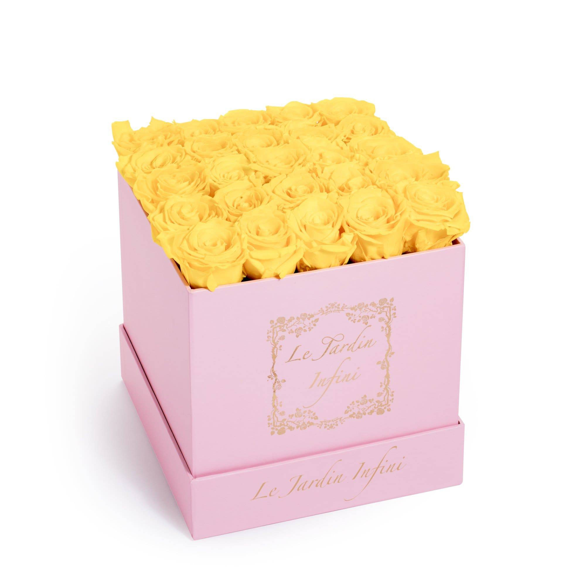 Yellow Preserved Roses - Medium Square Pink Box