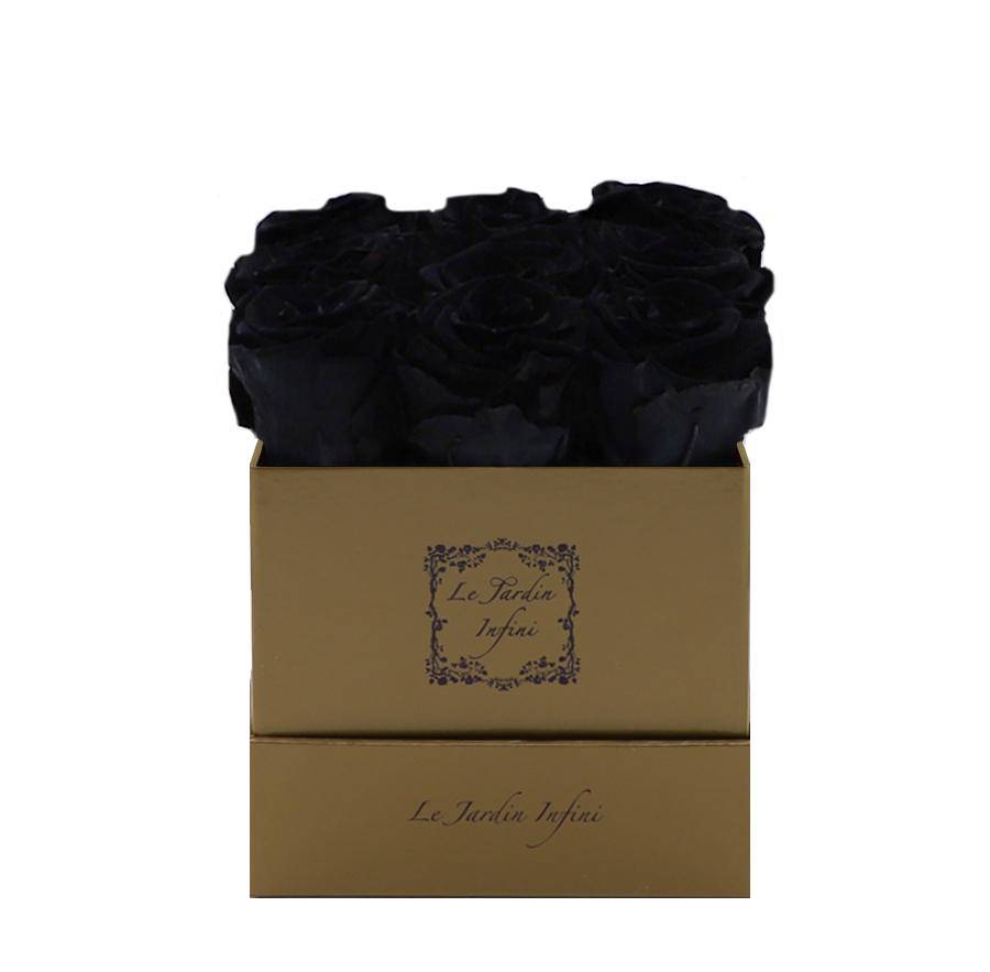 9 Black Preserved Roses - Luxury Square Shiny Gold Box