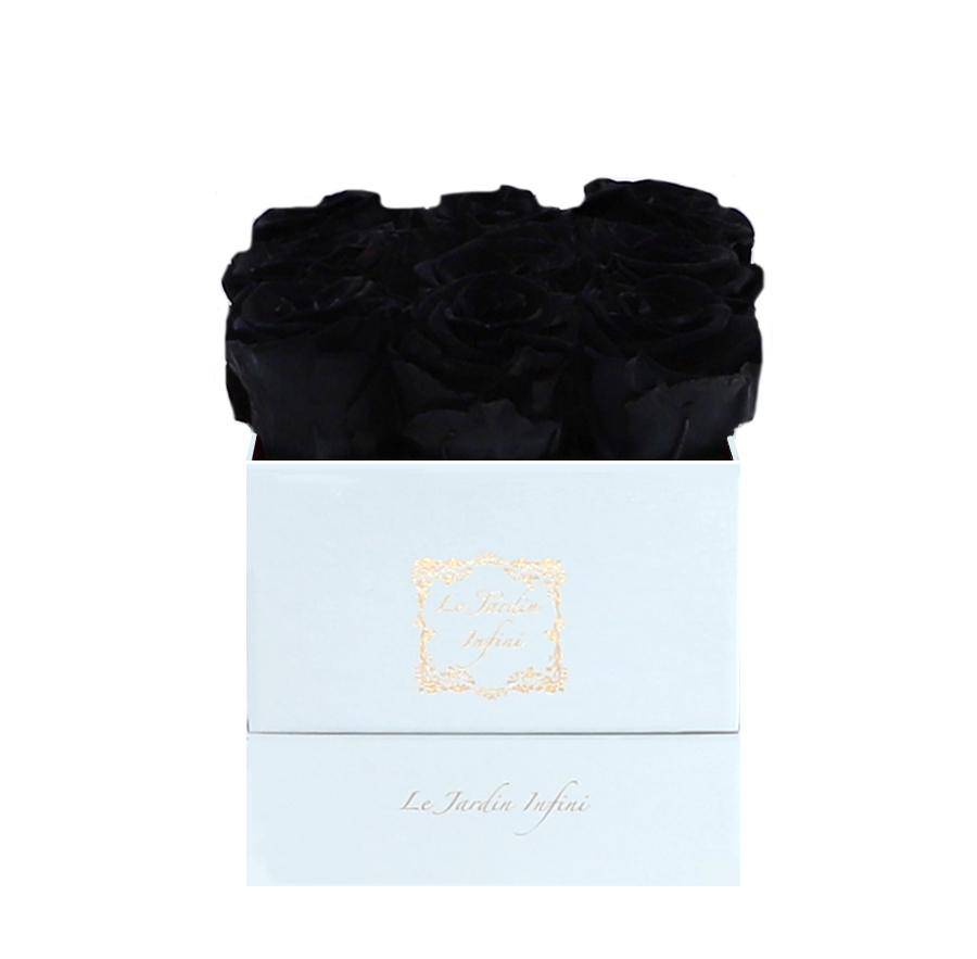 9 Black Preserved Roses - Luxury Square Shiny White Box
