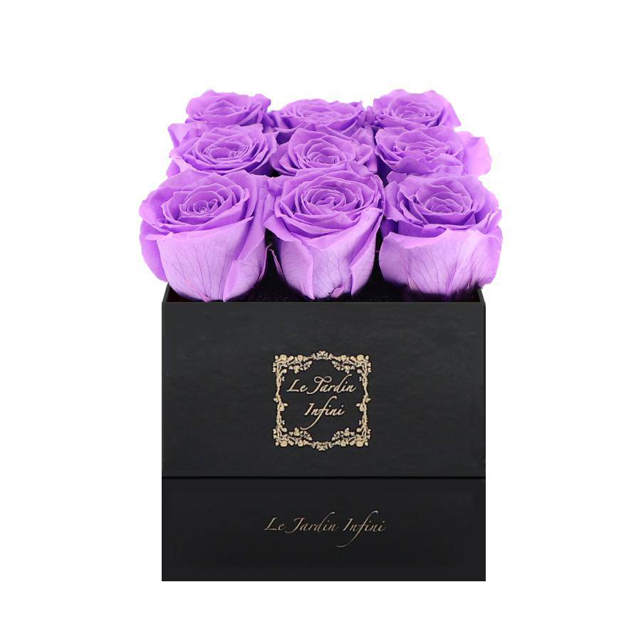 9 Bright Lilac Preserved Roses - Luxury Square Shiny Black Box