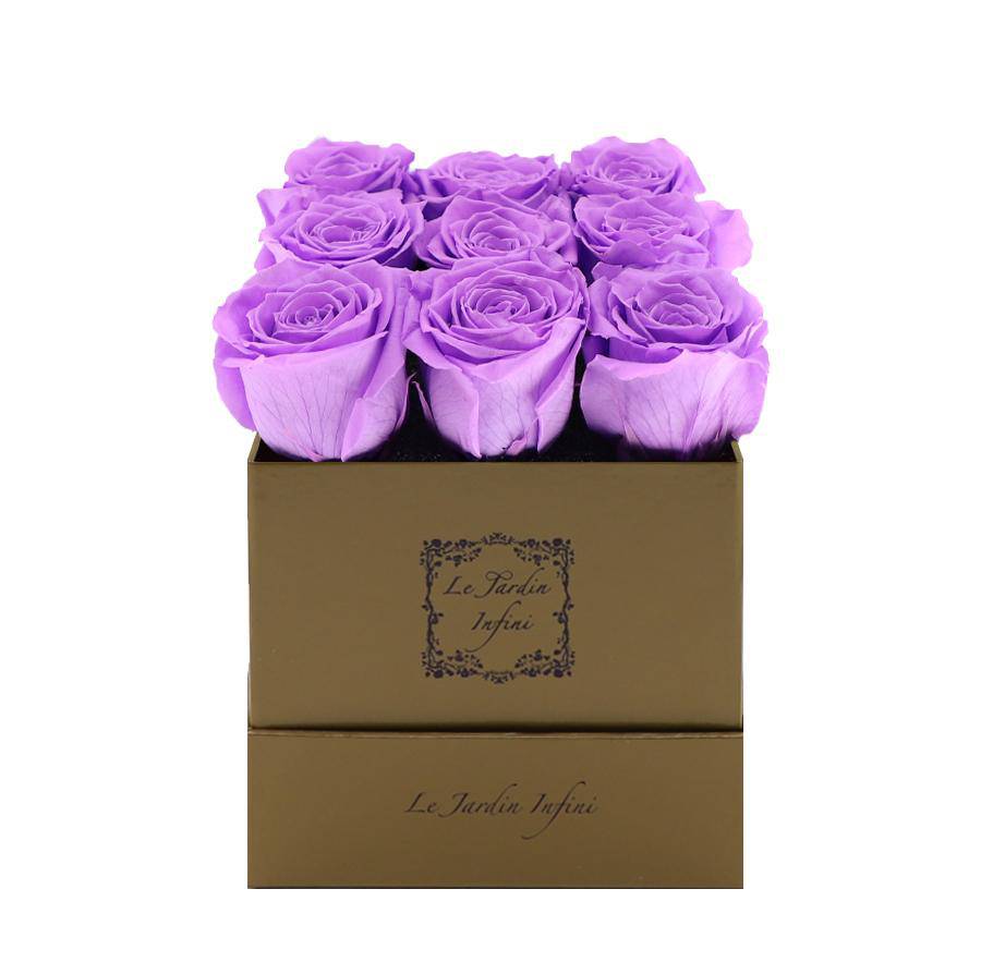 9 Bright Lilac Preserved Roses - Luxury Square Shiny Gold Box