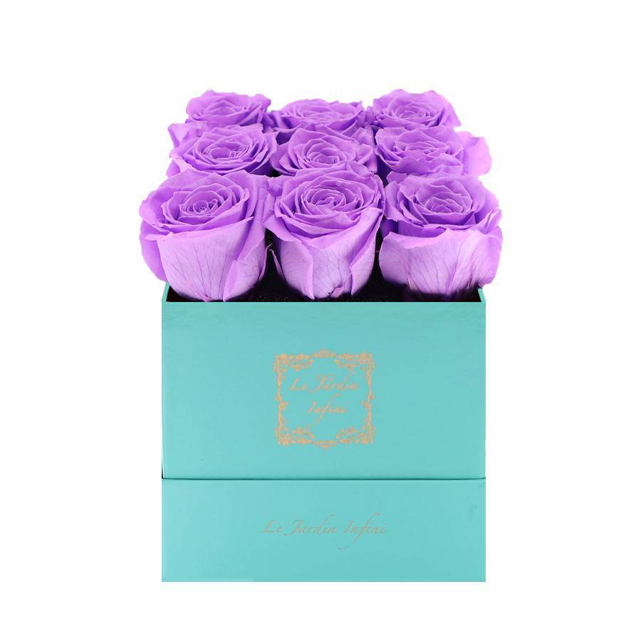 9 Bright Lilac Preserved Roses - Luxury Square Shiny Turquoise Box