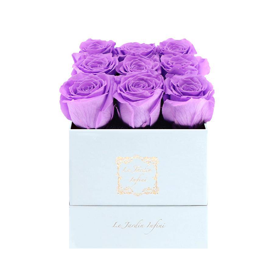 9 Bright Lilac Preserved Roses - Luxury Square Shiny White Box