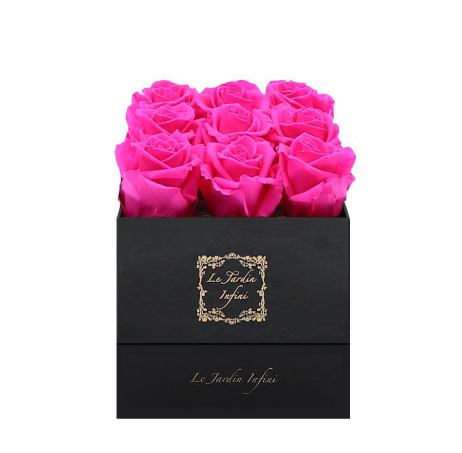 9 Bright Pink Preserved Roses - Luxury Square Shiny Black Box