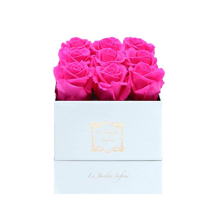 9 Bright Pink Preserved Roses - Luxury Square Shiny White Box
