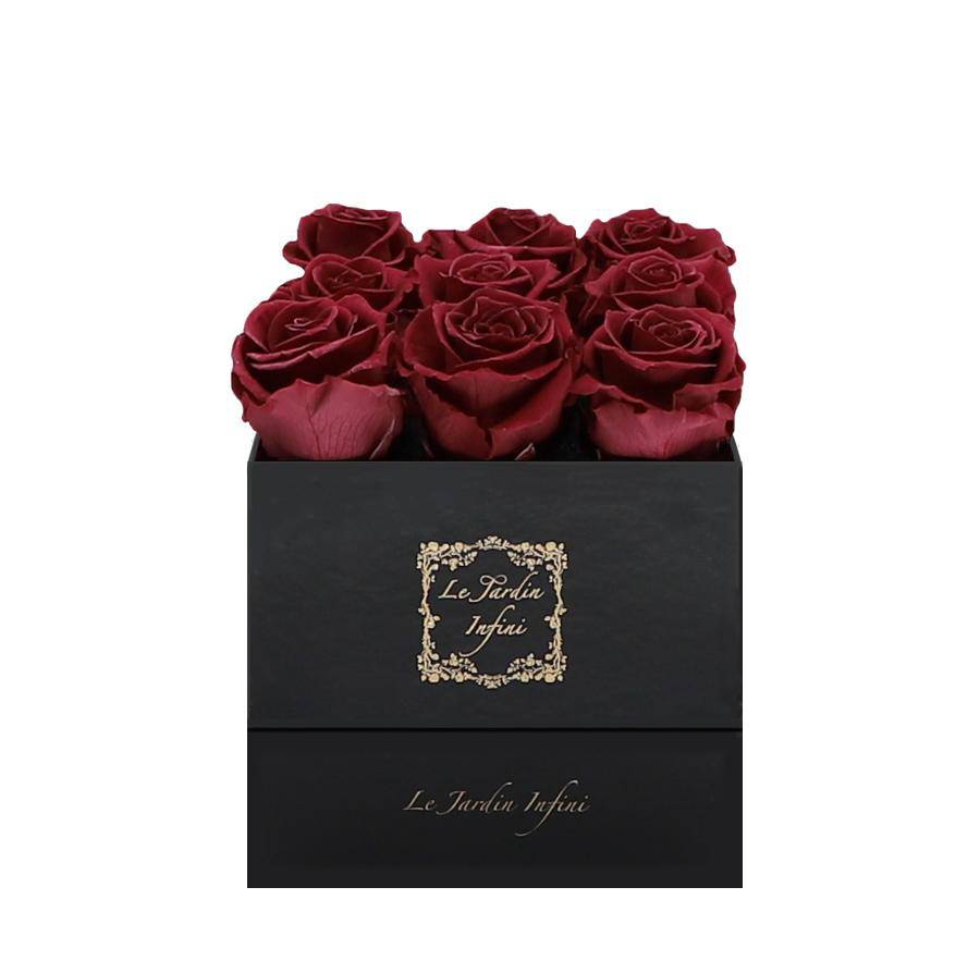 9 Burgundy Preserved Roses - Luxury Square Shiny Black Box