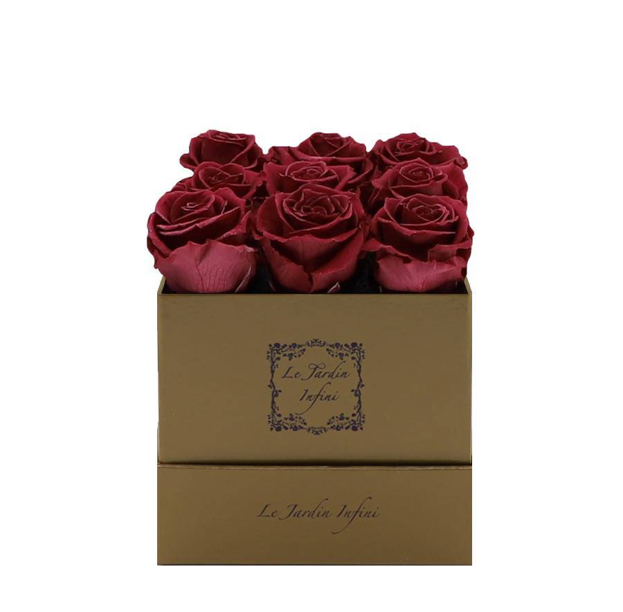 9 Burgundy Preserved Roses - Luxury Square Shiny Gold Box