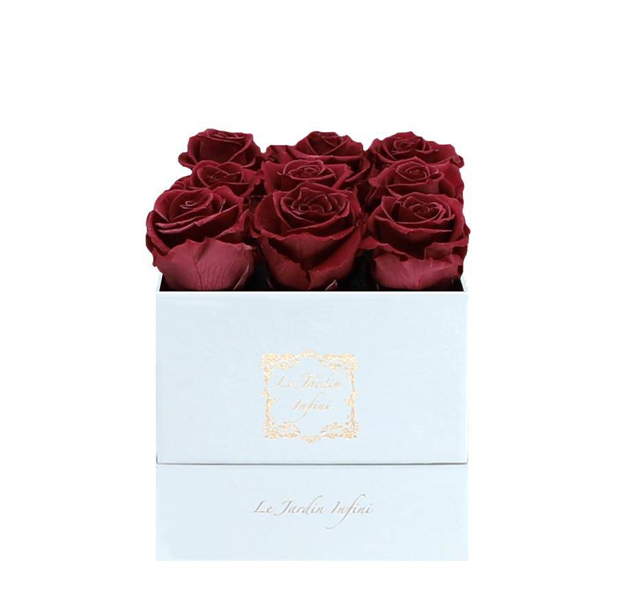 9 Burgundy Preserved Roses - Luxury Square Shiny White Box