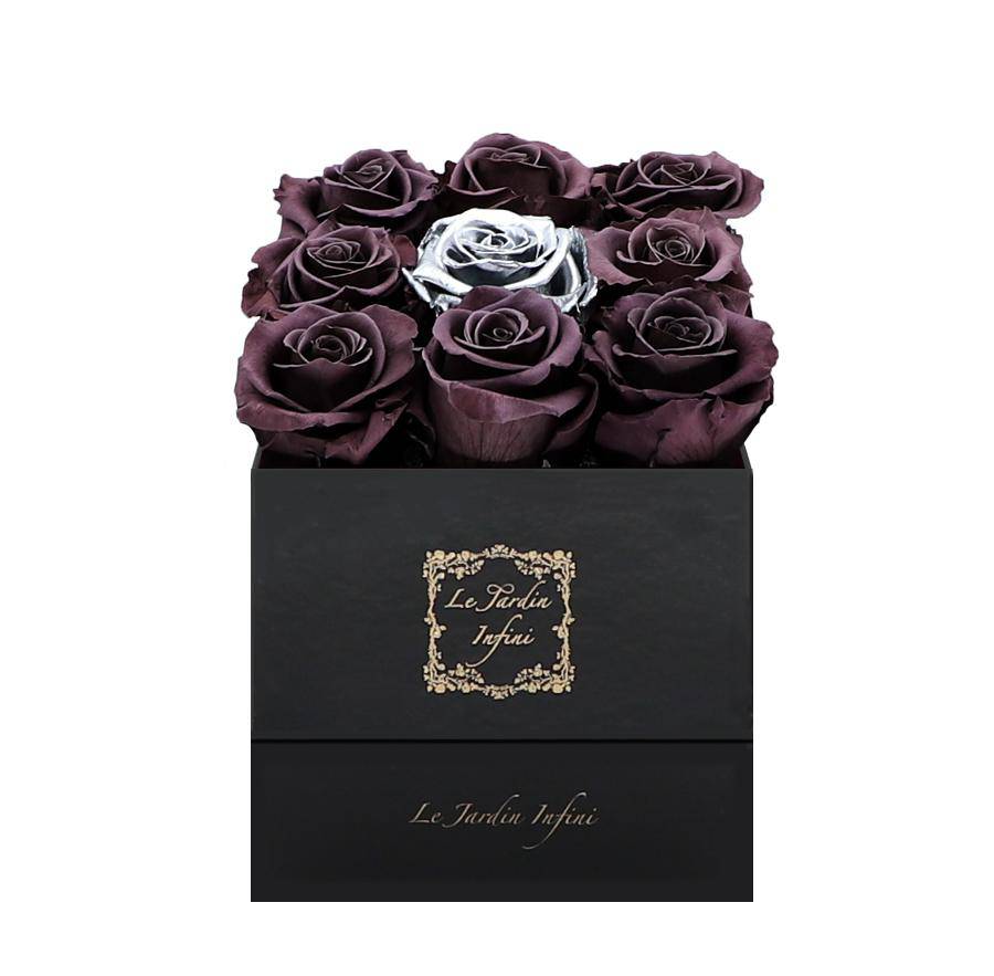 9 Dark Purple & Silver Center Preserved Roses - Luxury Square Shiny Black Box