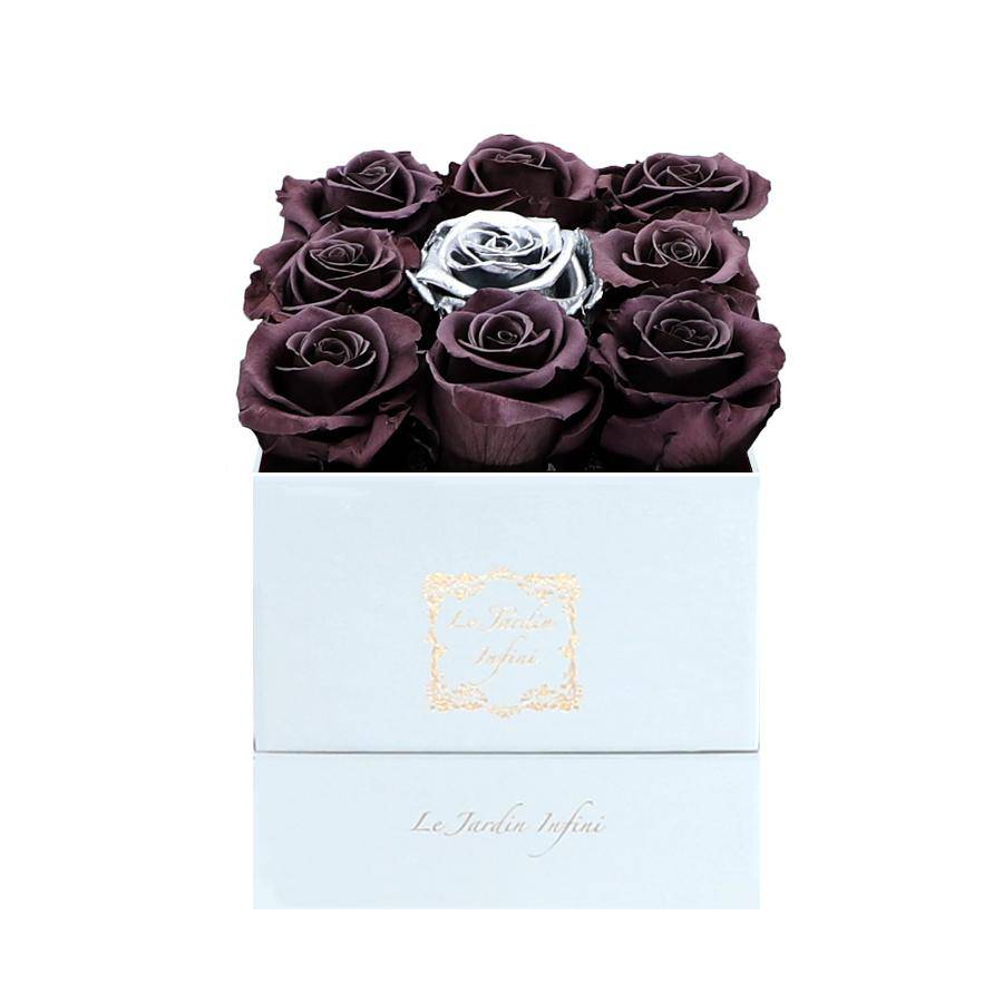 9 Dark Purple & Silver Center Preserved Roses - Luxury Square Shiny White Box