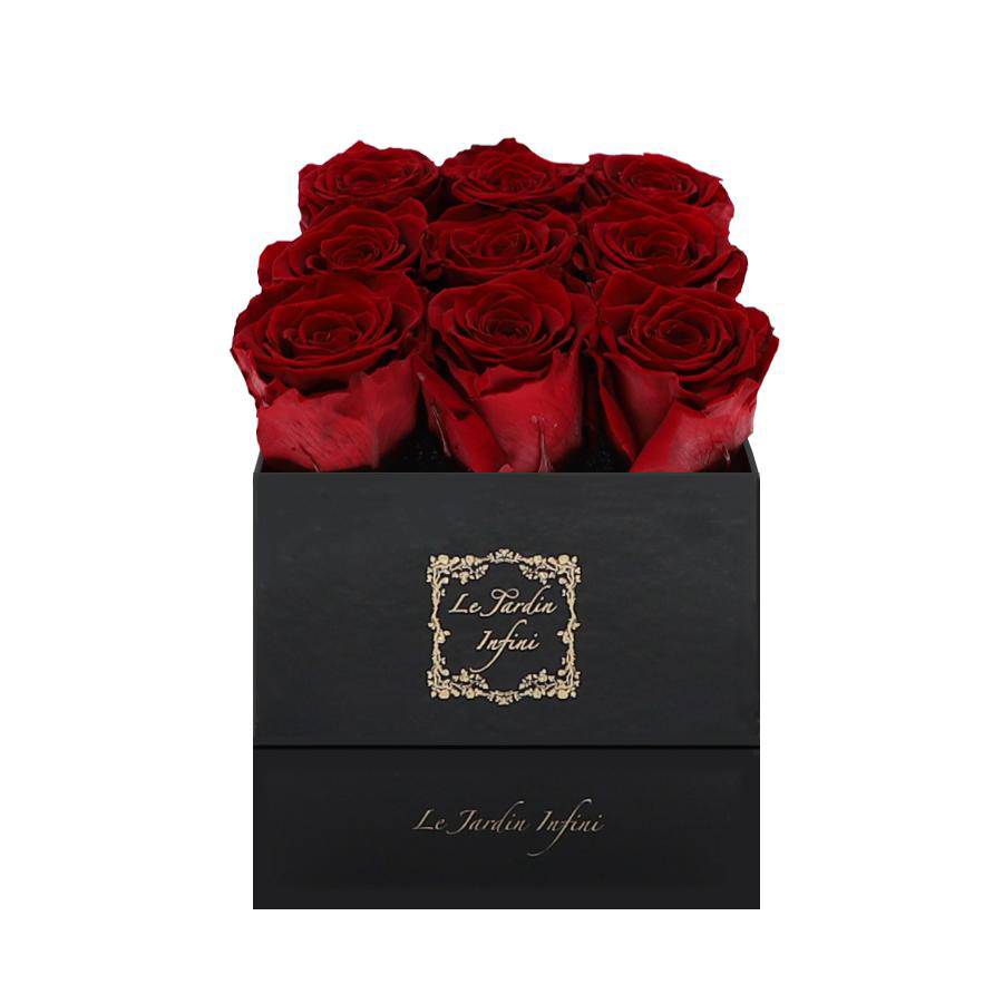 9 Dark Red Preserved Roses - Luxury Square Shiny Black Box
