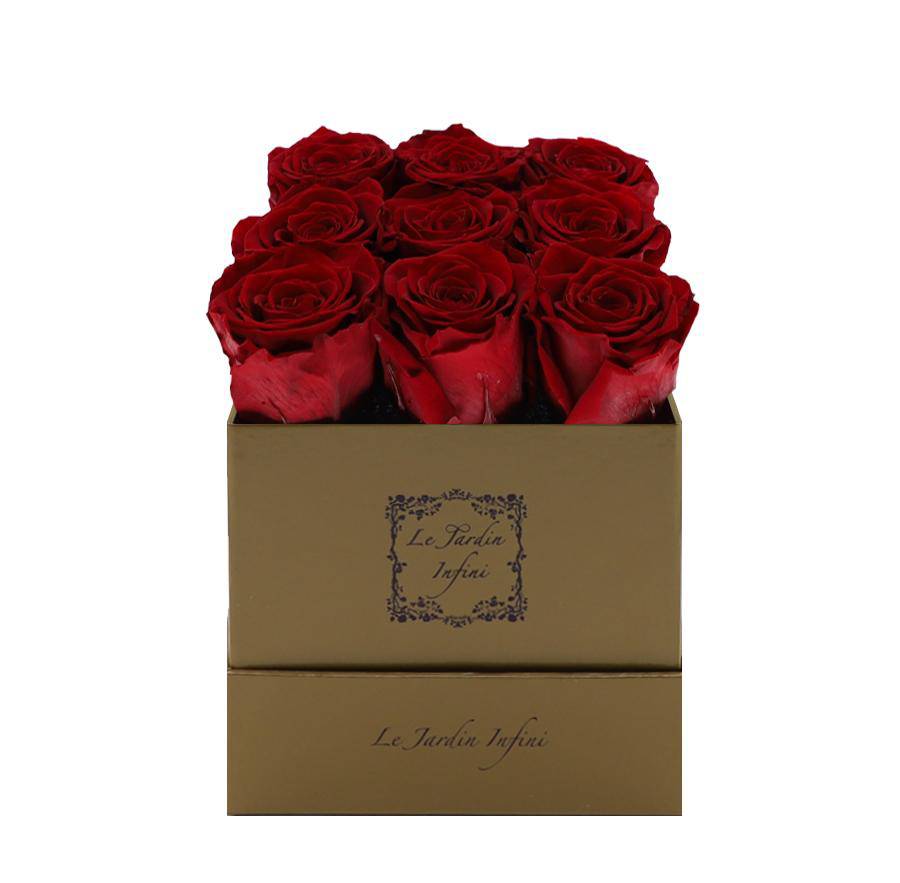 9 Dark Red Preserved Roses - Luxury Square Shiny Gold Box