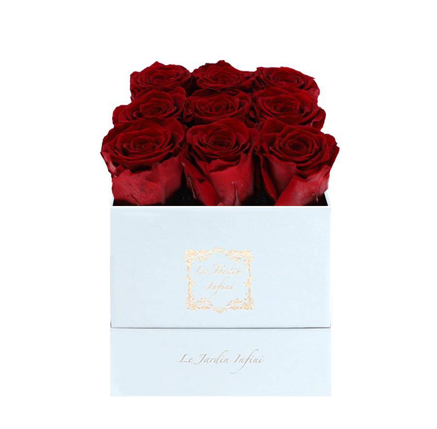9 Dark Red Preserved Roses - Luxury Square Shiny White Box