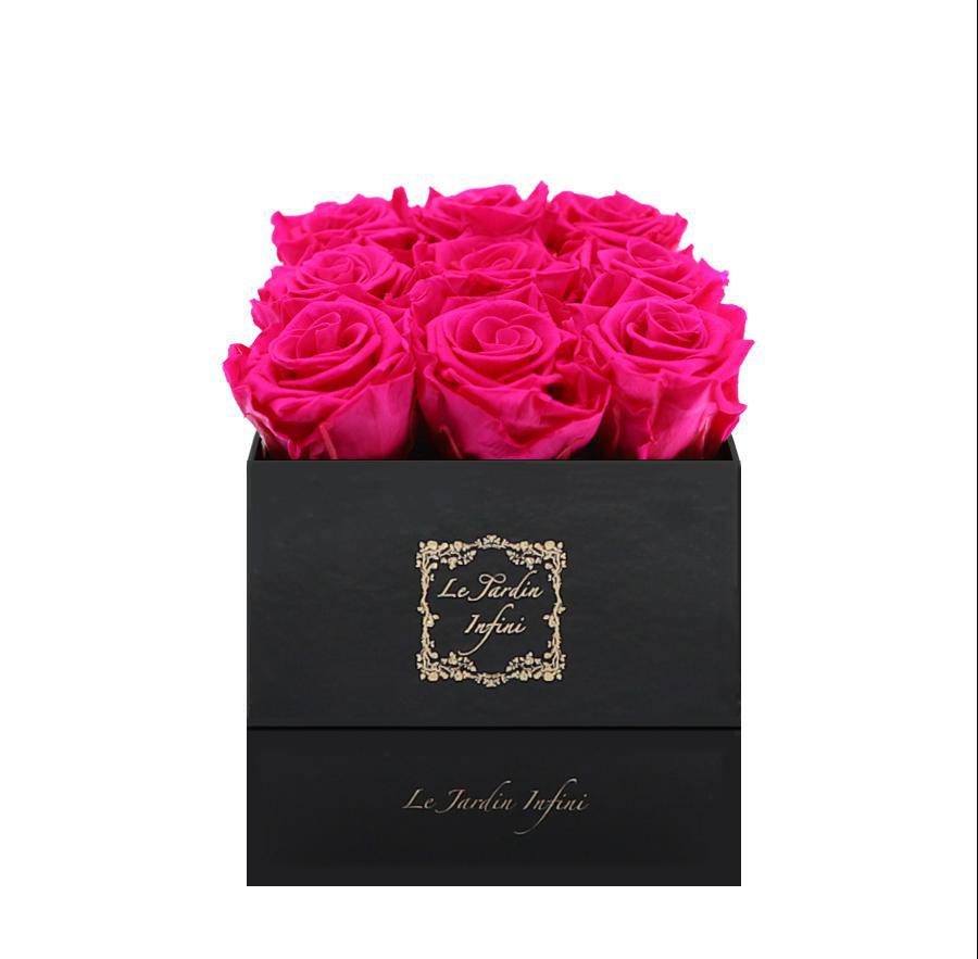 9 Fuchsia Preserved Roses - Luxury Square Shiny Black Box