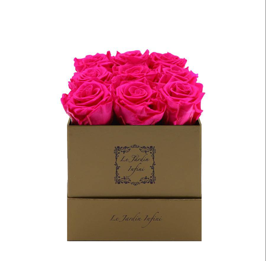 9 Fuchsia Preserved Roses - Luxury Square Shiny Gold Box