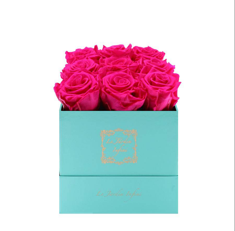 9 Fuchsia Preserved Roses - Luxury Square Shiny Turquoise Box