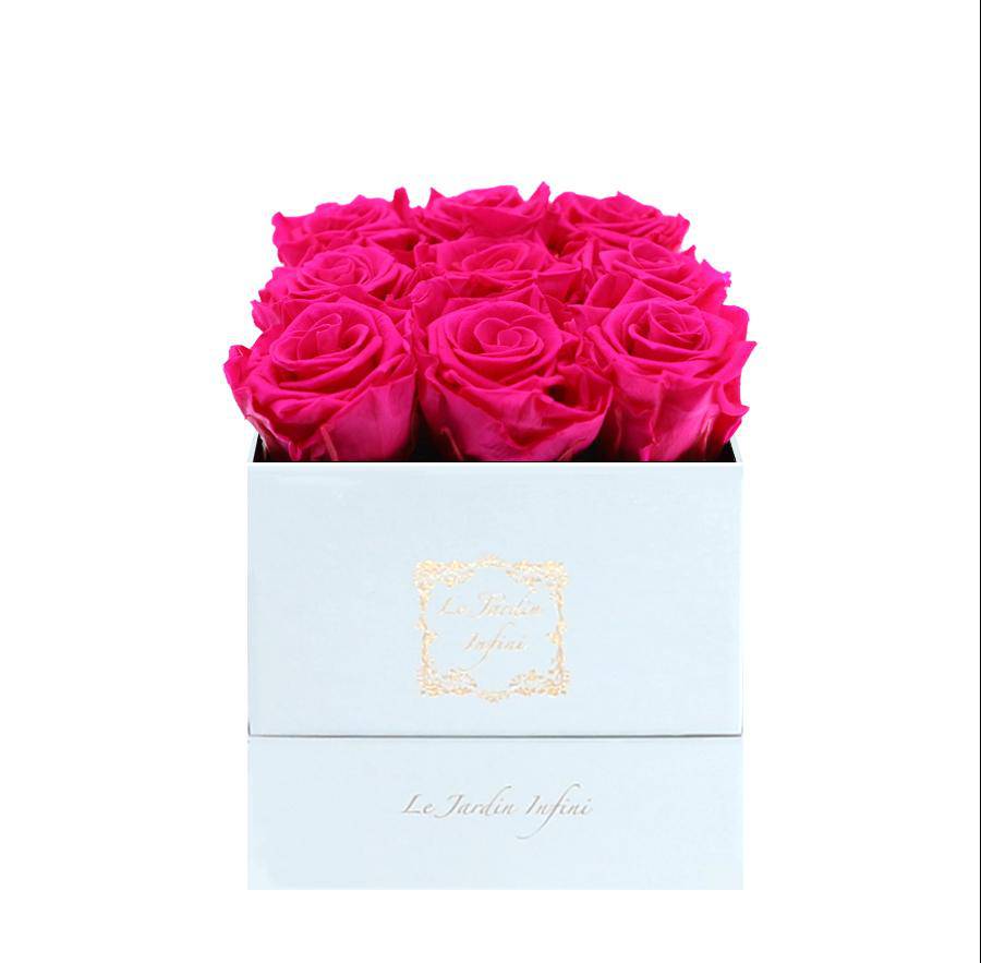 9 Fuchsia Preserved Roses - Luxury Square Shiny White Box