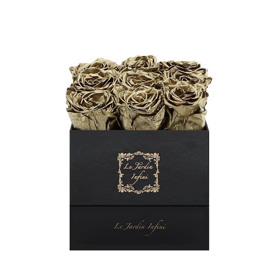 9 Gold Preserved Roses - Luxury Square Shiny Black Box