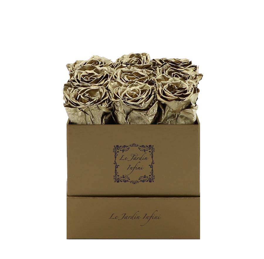 9 Gold Preserved Roses - Luxury Square Shiny Gold Box