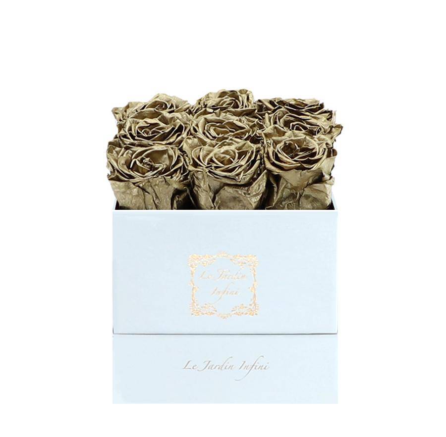 9 Gold Preserved Roses - Luxury Square Shiny White Box