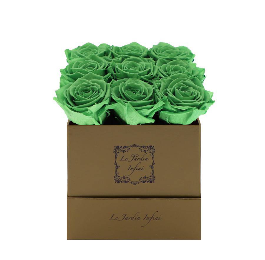 9 Green Tea Preserved Roses - Luxury Square Shiny Gold Box