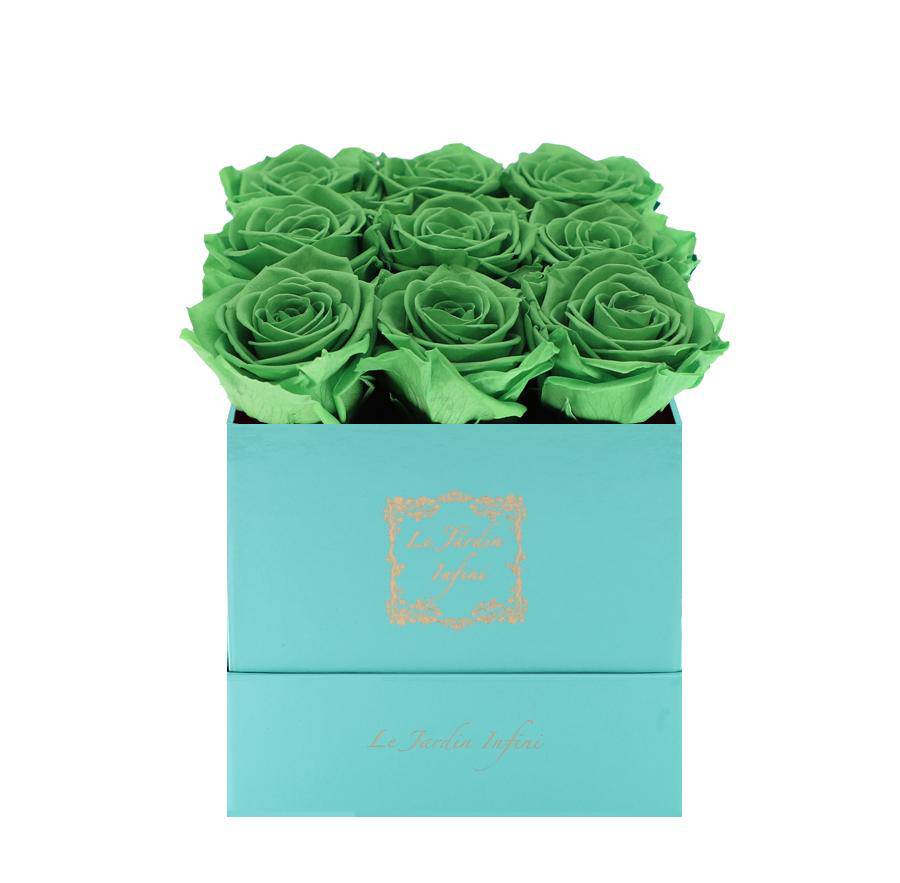 9 Green Tea Preserved Roses - Luxury Square Shiny Turquoise Box