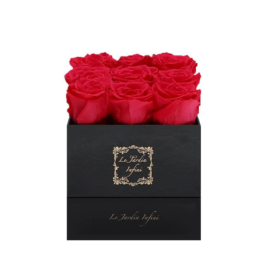 9 Hot Pink Preserved Roses - Luxury Square Shiny Black Box
