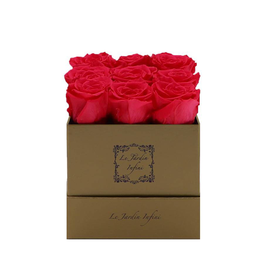 9 Hot Pink Preserved Roses - Luxury Square Shiny Gold Box
