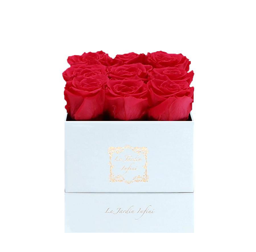 9 Hot Pink Preserved Roses - Luxury Square Shiny White Box
