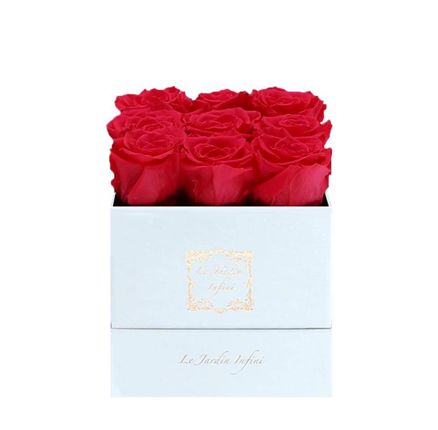 9 Hot Pink Preserved Roses - Luxury Square Shiny White Box
