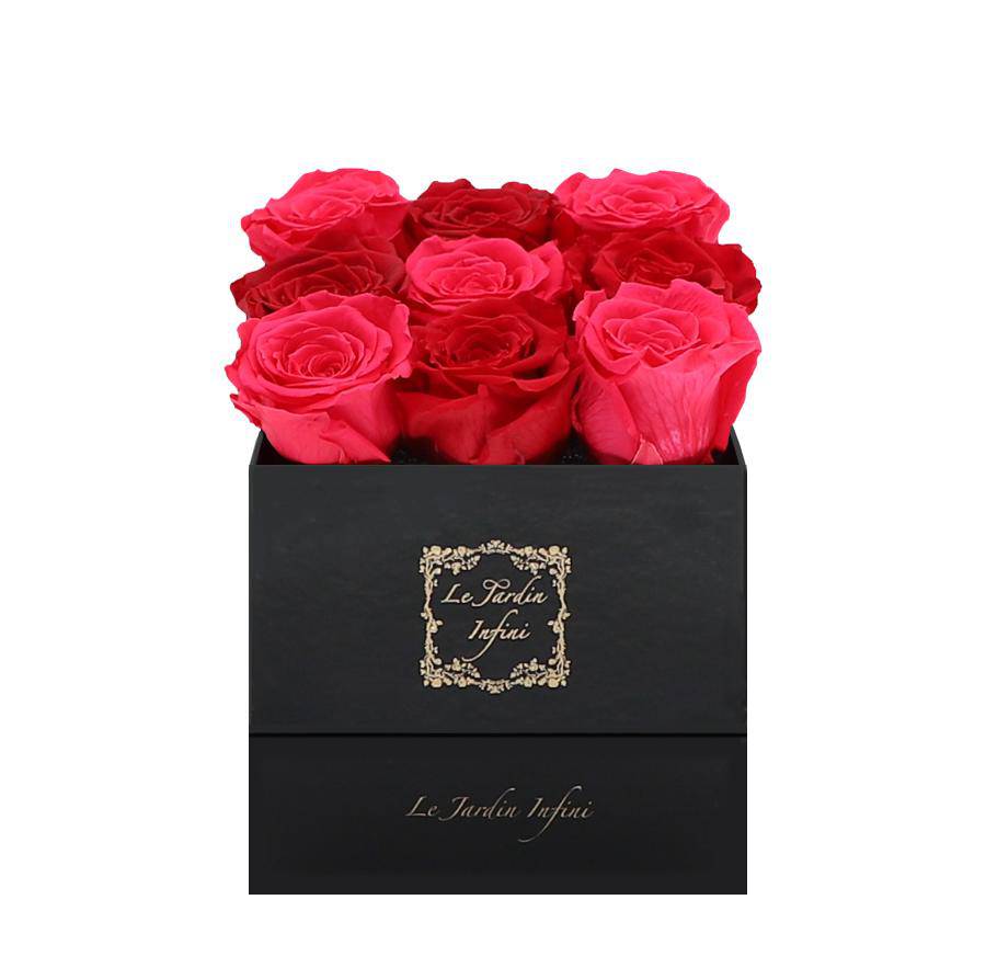 9 Hot Pink & Red Preserved Roses - Luxury Square Shiny Black Box