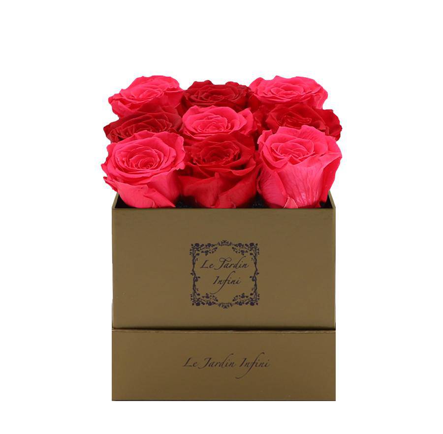 9 Hot Pink & Red Preserved Roses - Luxury Square Shiny Gold Box
