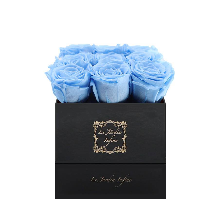 9 Light Blue Preserved Roses - Luxury Square Shiny Black Box