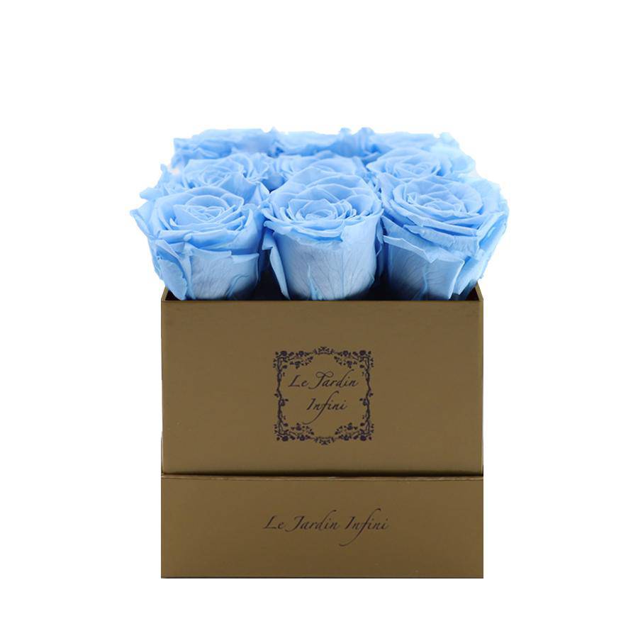 9 Light Blue Preserved Roses - Luxury Square Shiny Gold Box