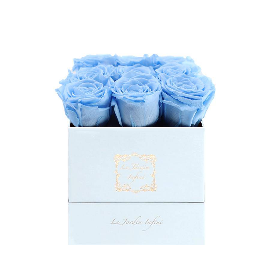 9 Light Blue Preserved Roses - Luxury Square Shiny White Box