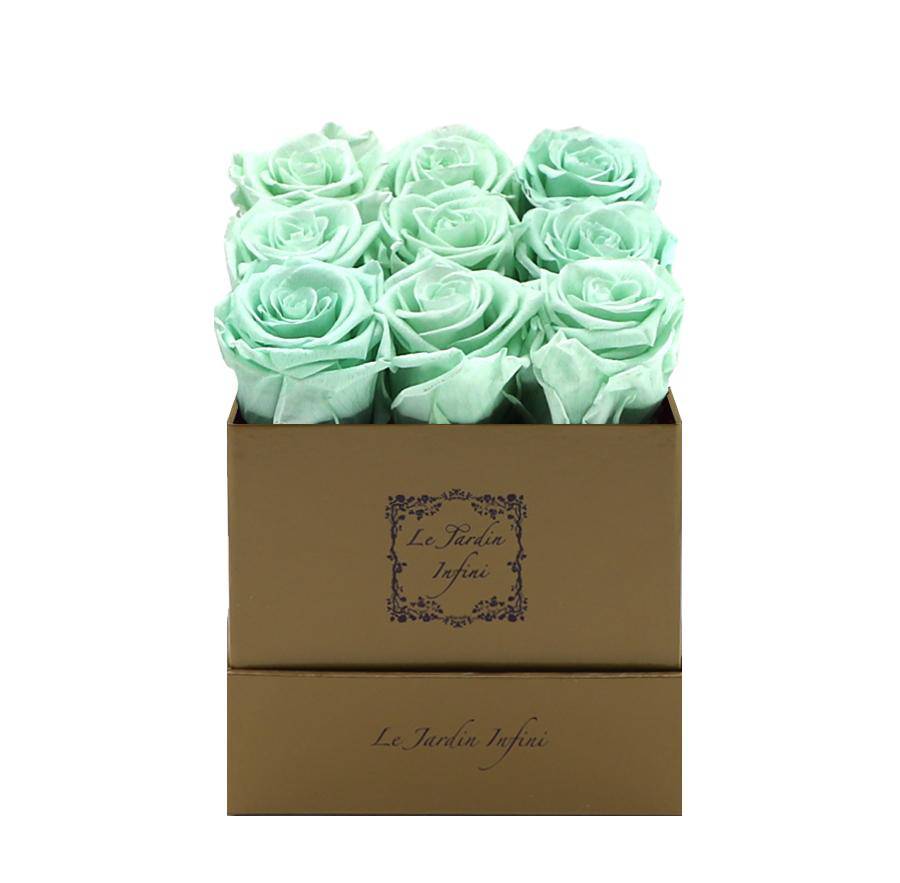 9 Light Green Preserved Roses - Luxury Square Shiny Gold Box