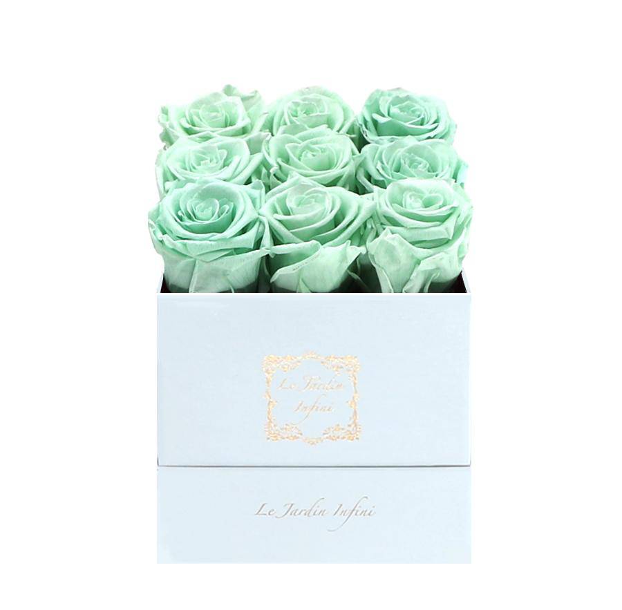 9 Light Green Preserved Roses - Luxury Square Shiny White Box