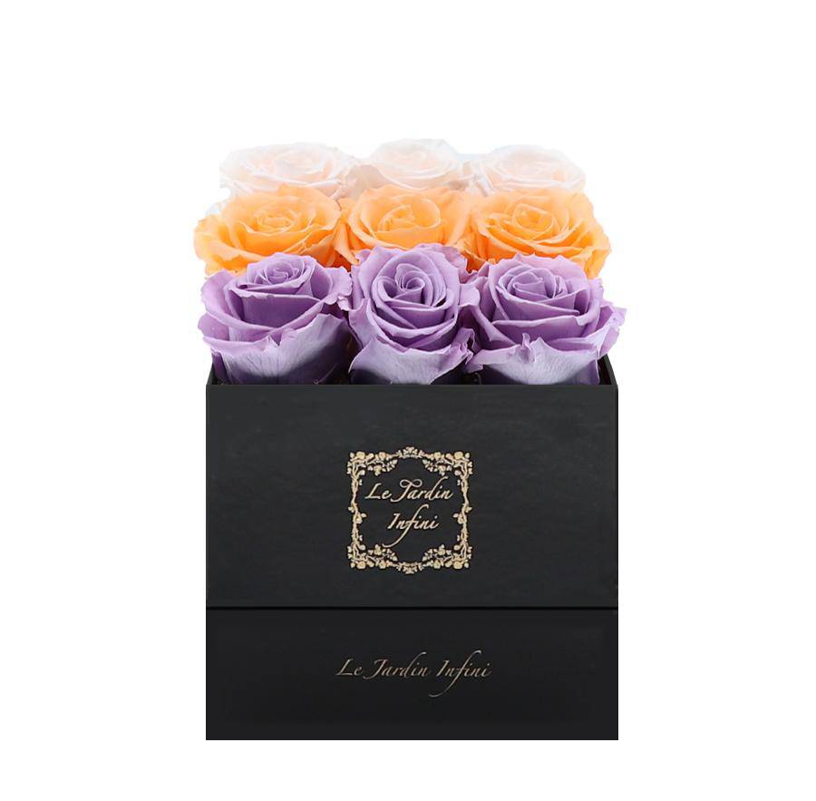 9 Lilac, Millenium Orange & Champagne Rows Preserved Roses - Luxury Square Shiny Black Box