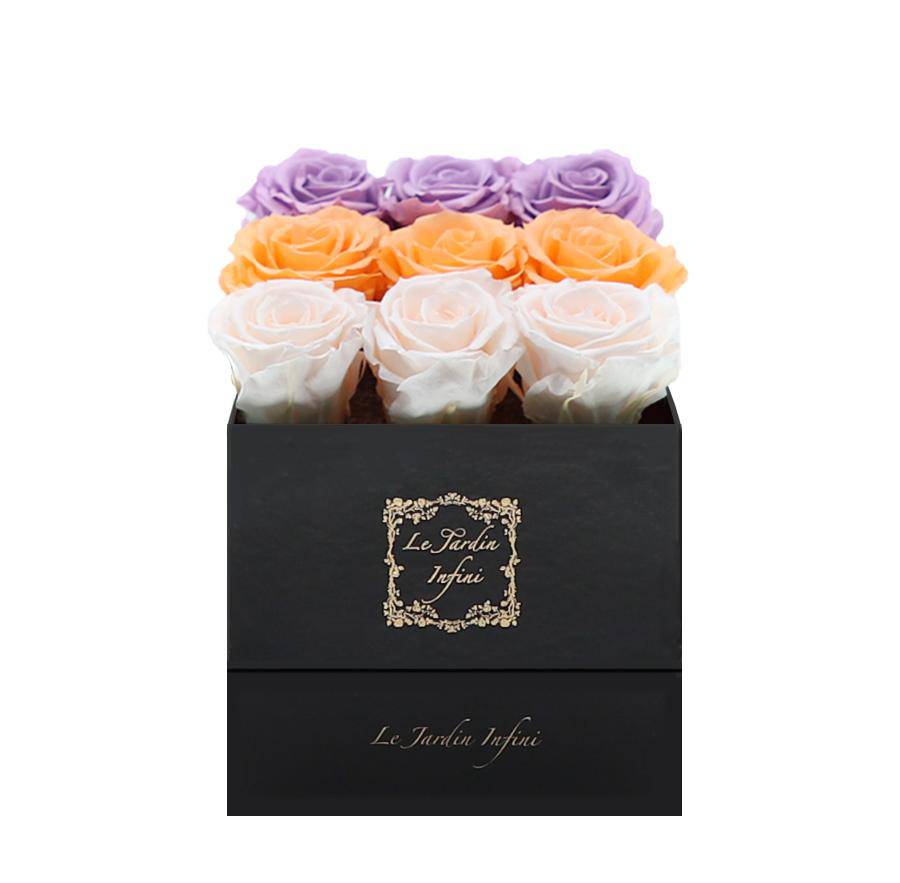 9 Lilac, Millenium Orange & Champagne Rows Preserved Roses - Luxury Square Shiny Black Box