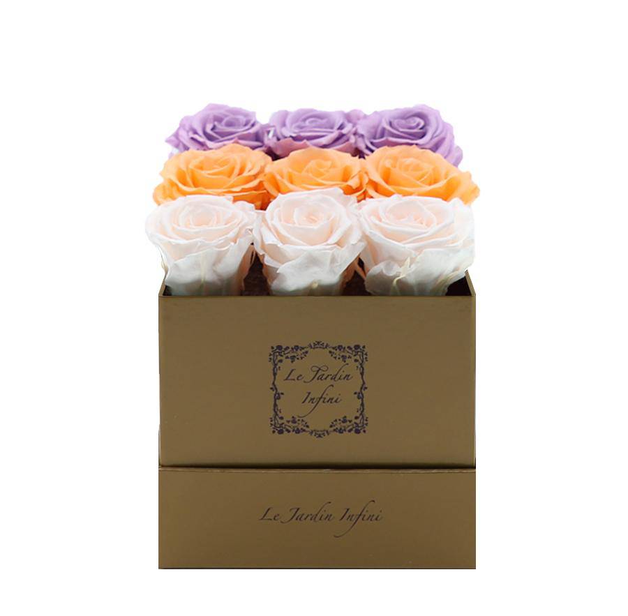 9 Lilac, Millenium Orange & Champagne Rows Preserved Roses - Luxury Square Shiny Gold Box