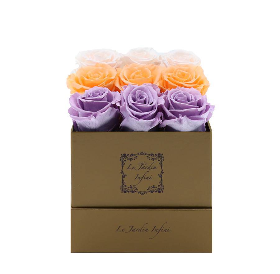 9 Lilac, Millenium Orange & Champagne Rows Preserved Roses - Luxury Square Shiny Gold Box