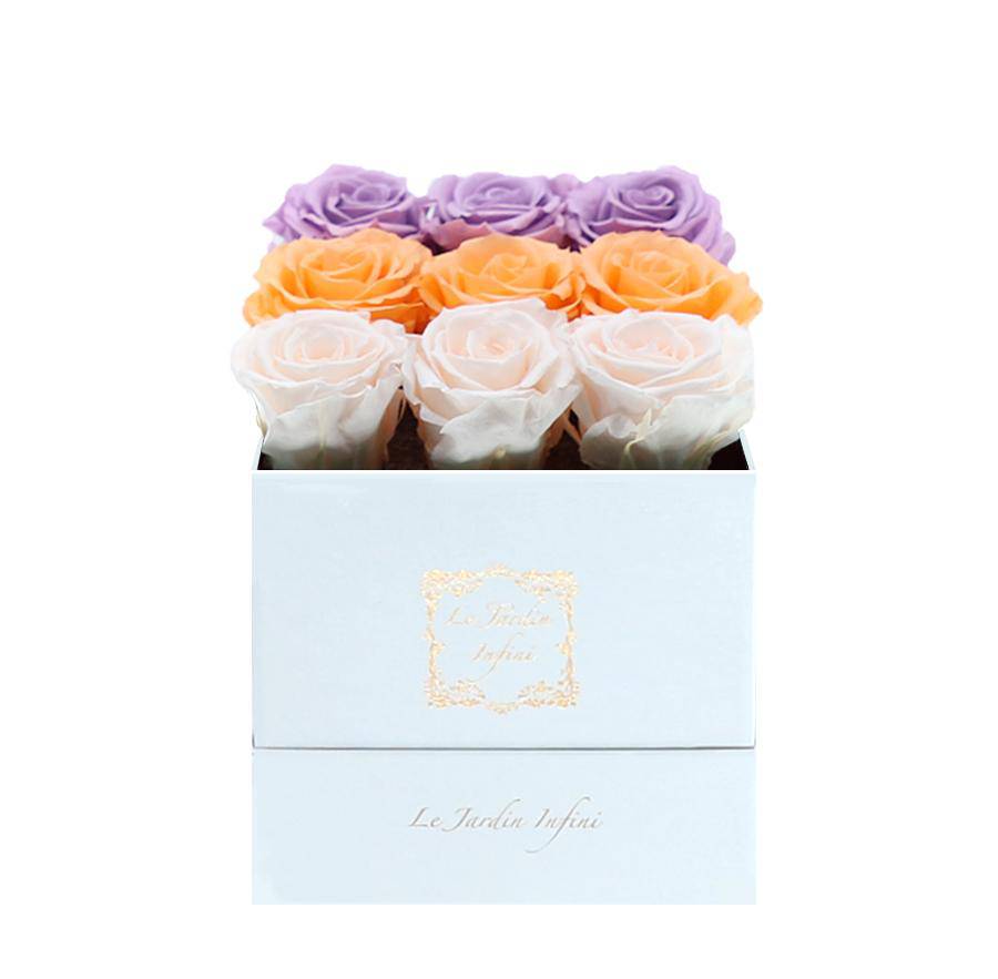 9 Lilac, Millenium Orange & Champagne Rows Preserved Roses - Luxury Square Shiny White  Box
