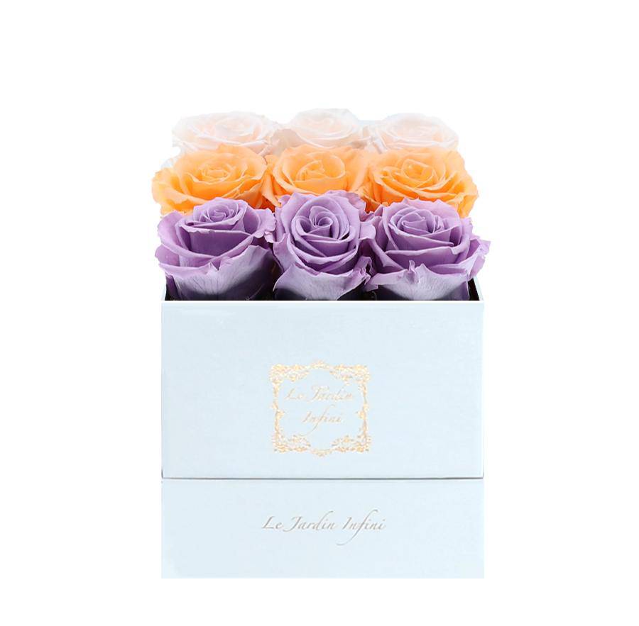 9 Lilac, Millenium Orange & Champagne Rows Preserved Roses - Luxury Square Shiny White  Box