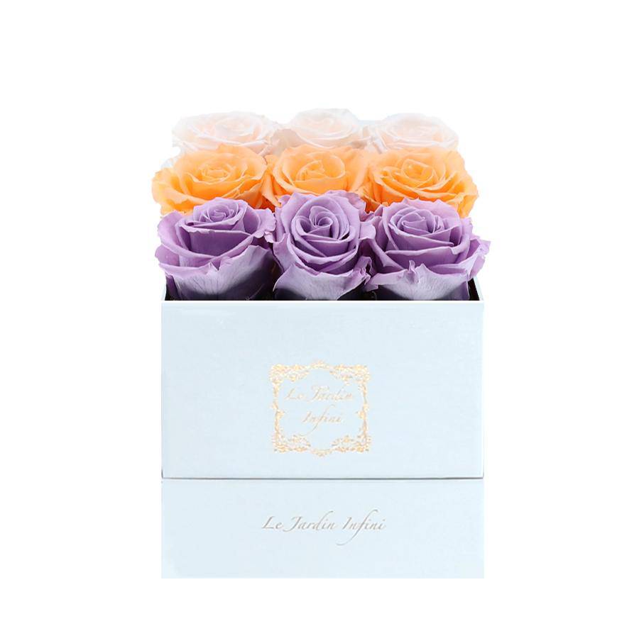 9 Lilac, Millenium Orange & Champagne Rows Preserved Roses - Luxury Square Shiny White  Box