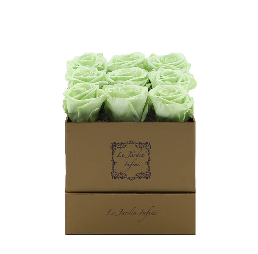 9 Mint Preserved Roses - Luxury Square Shiny Gold Box